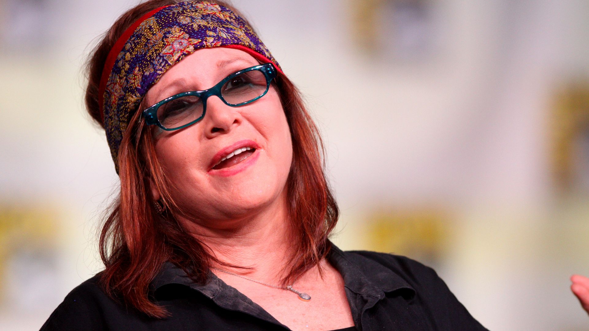 Carrie Fisher speaking at the 2012 San Diego Comic-Con International in San Diego, California.

Please attribute to Gage Skidmore if used elsewhere.
