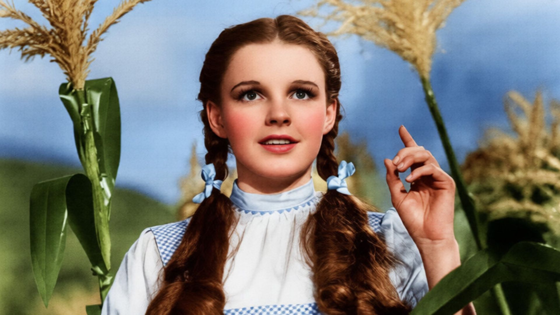 Publicity photo of American entertainer, Judy Garland as Dorothy Gale promoting the Sunday March 20, 1977 CBS television broadcast of the 1939 MGM feature film The Wizard of Oz.