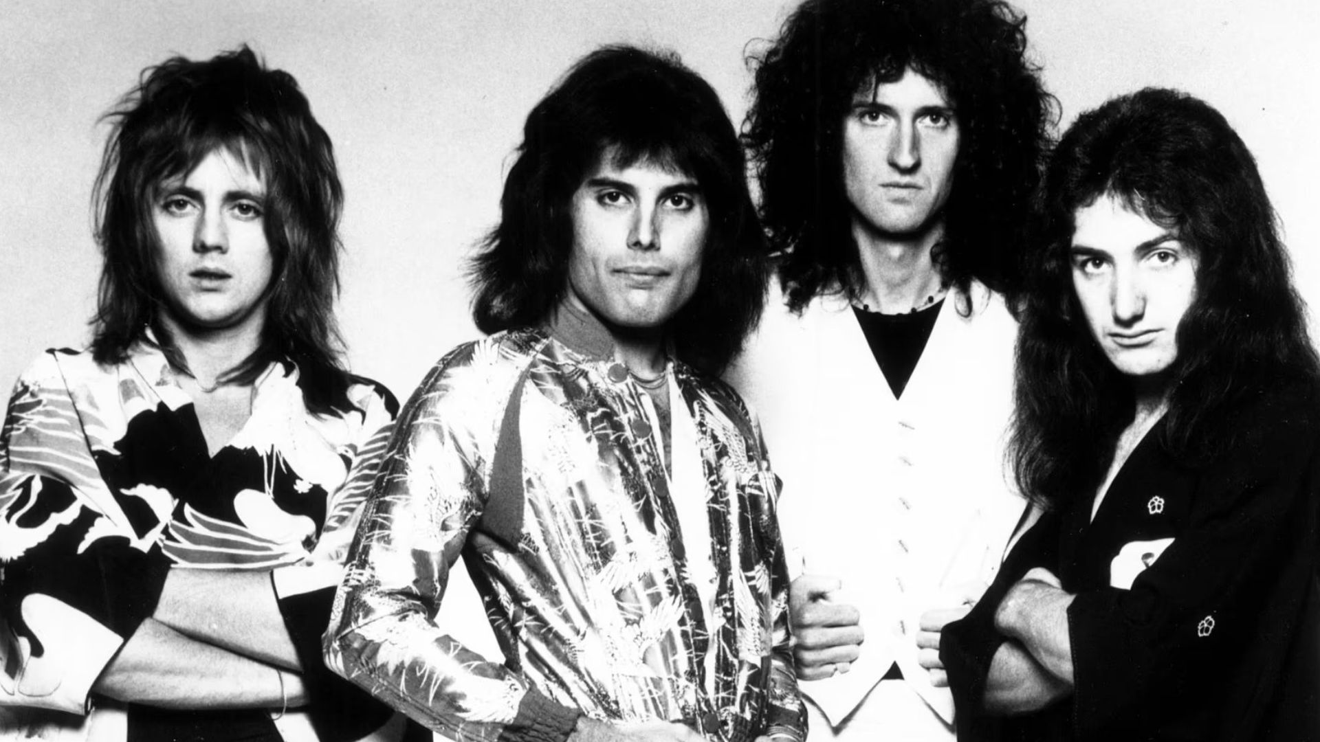 Musical group Queen, in a 1975 promotional photo for their album A Night At The Opera. Photo was published by their American label Elektra Records.