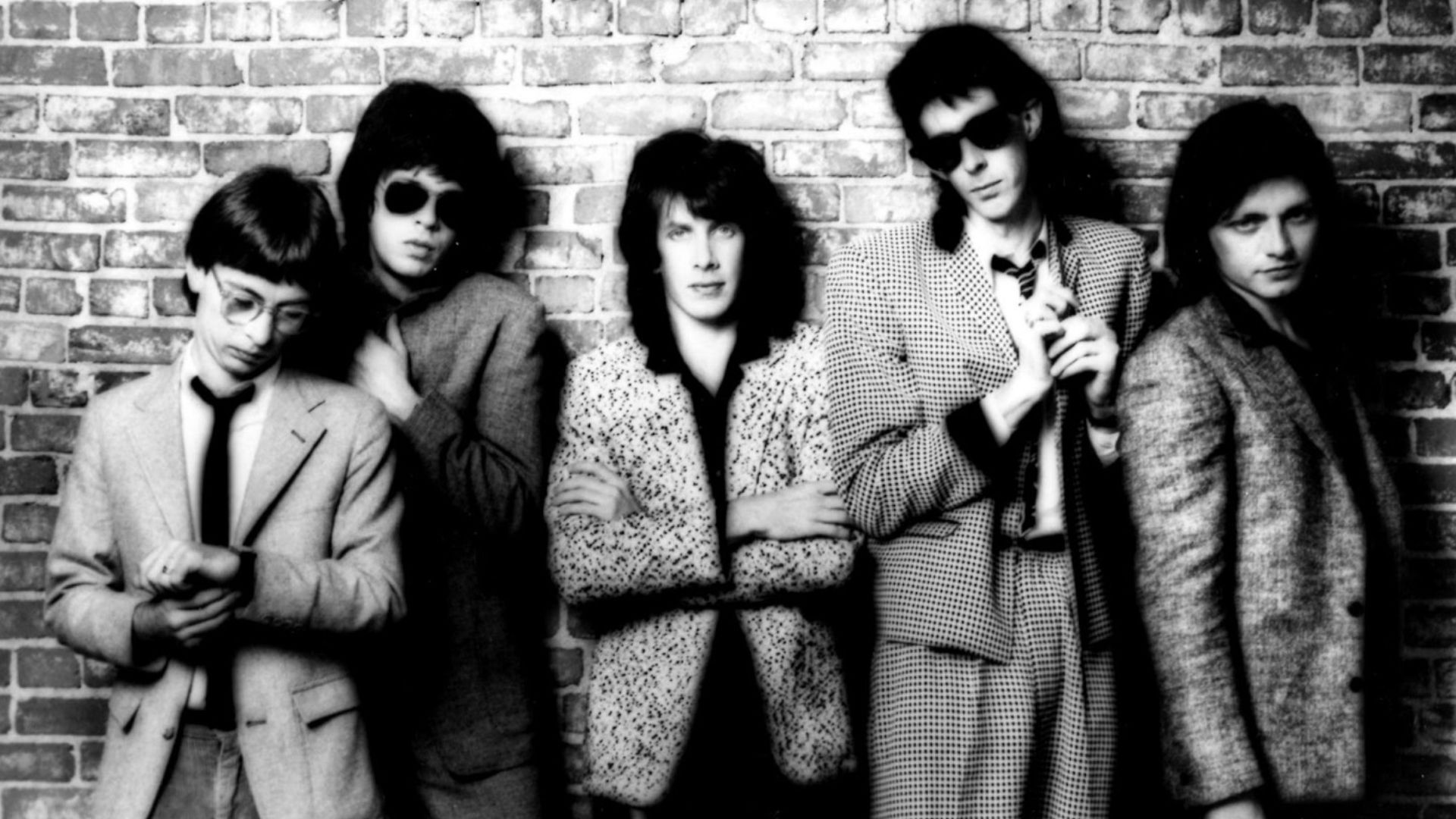 Musical group The Cars, in a 1980 publicity photo for their album Panorama. Pictured from left to right; Greg Hawkes, Elliot Easton, David Robinson, Ric Ocasek, and Benjamin Orr.