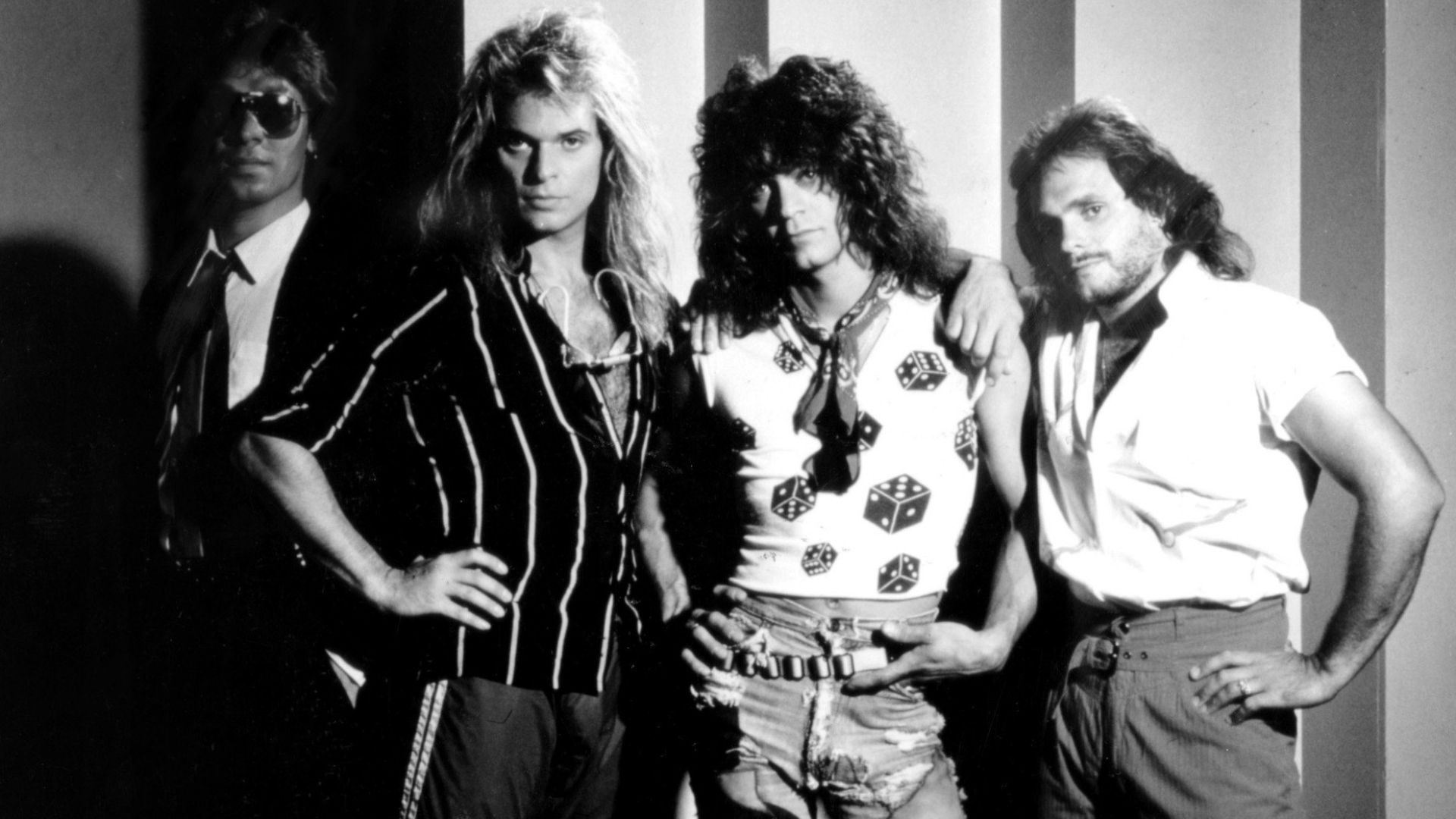Promotional image of rock band Van Halen taken in 1984. From (l-r); Alex Van Halen, David Lee Roth, Eddie Van Halen, and Michael Anthony