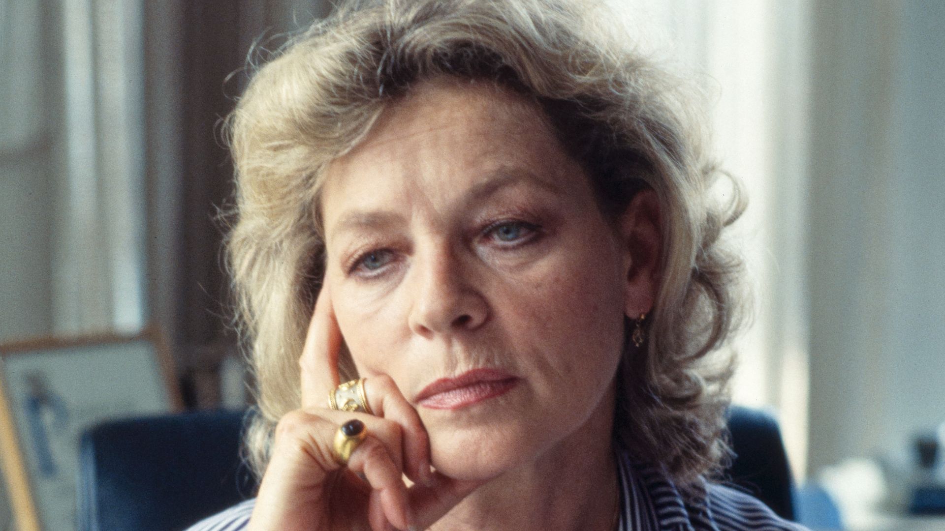 Lauren Bacall with the manuscript for her book Lauren Bacall, by Myself at Alfred A. Knopf office, NY. 35mm (slide format). File:Lauren Bacall, actress (with manuscript for book