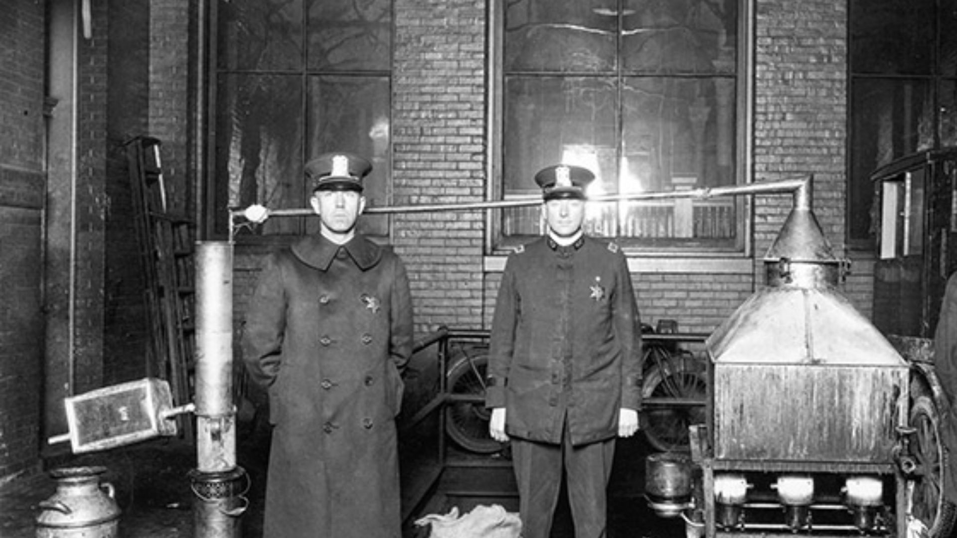 Per the Indiana Business Journal: In this Dec. 9, 1920, photo, three Indianapolis police officers pose with a still and some of the ingredients they confiscated during a raid at a farm a half-mile east of New Bethel (a town in Marion County now called Wan