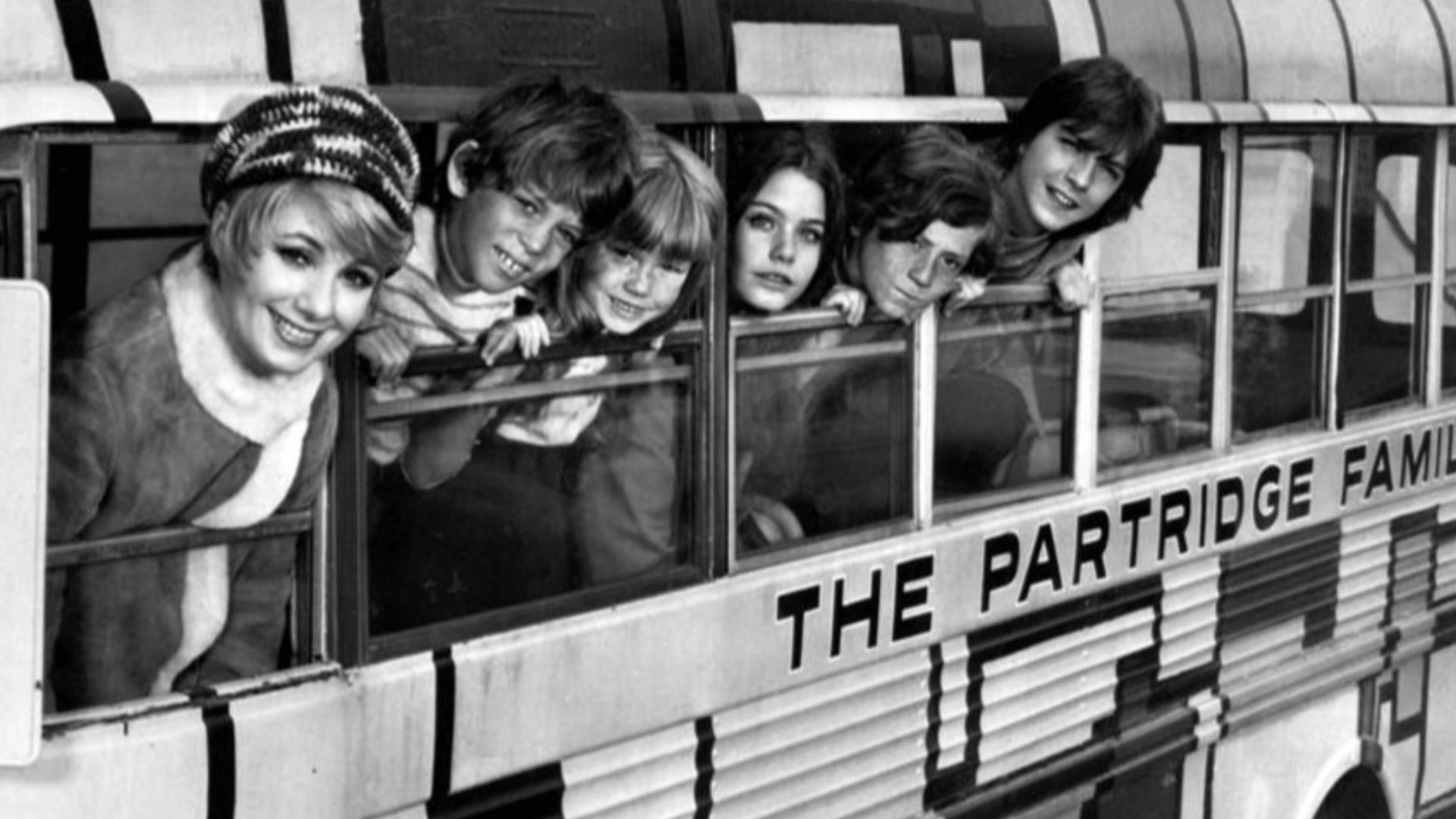 Photo of the cast of the television program The Partridge Family.  This is the first season cast including Jeremy Gelbwaks.  From left: Shirley Jones, Jeremy Gelbwaks, Suzanne Crough, Susan Dey, Danny Bonauce, David Cassidy.