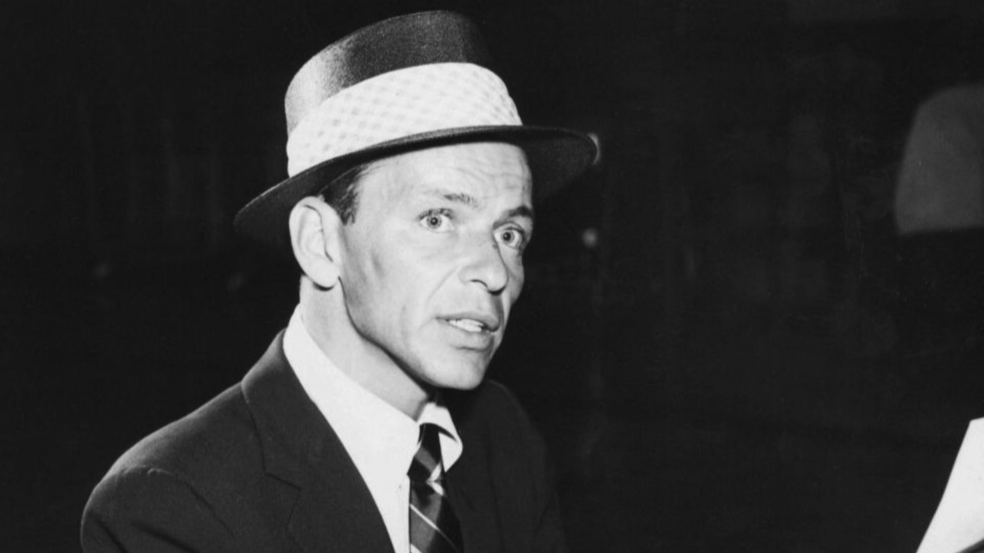 Photo of Frank Sinatra in the role of the Stage Manager for a television production of ‘’Our Town’’ in 1955, which was presented on ‘’Producers’ Showcase’’.