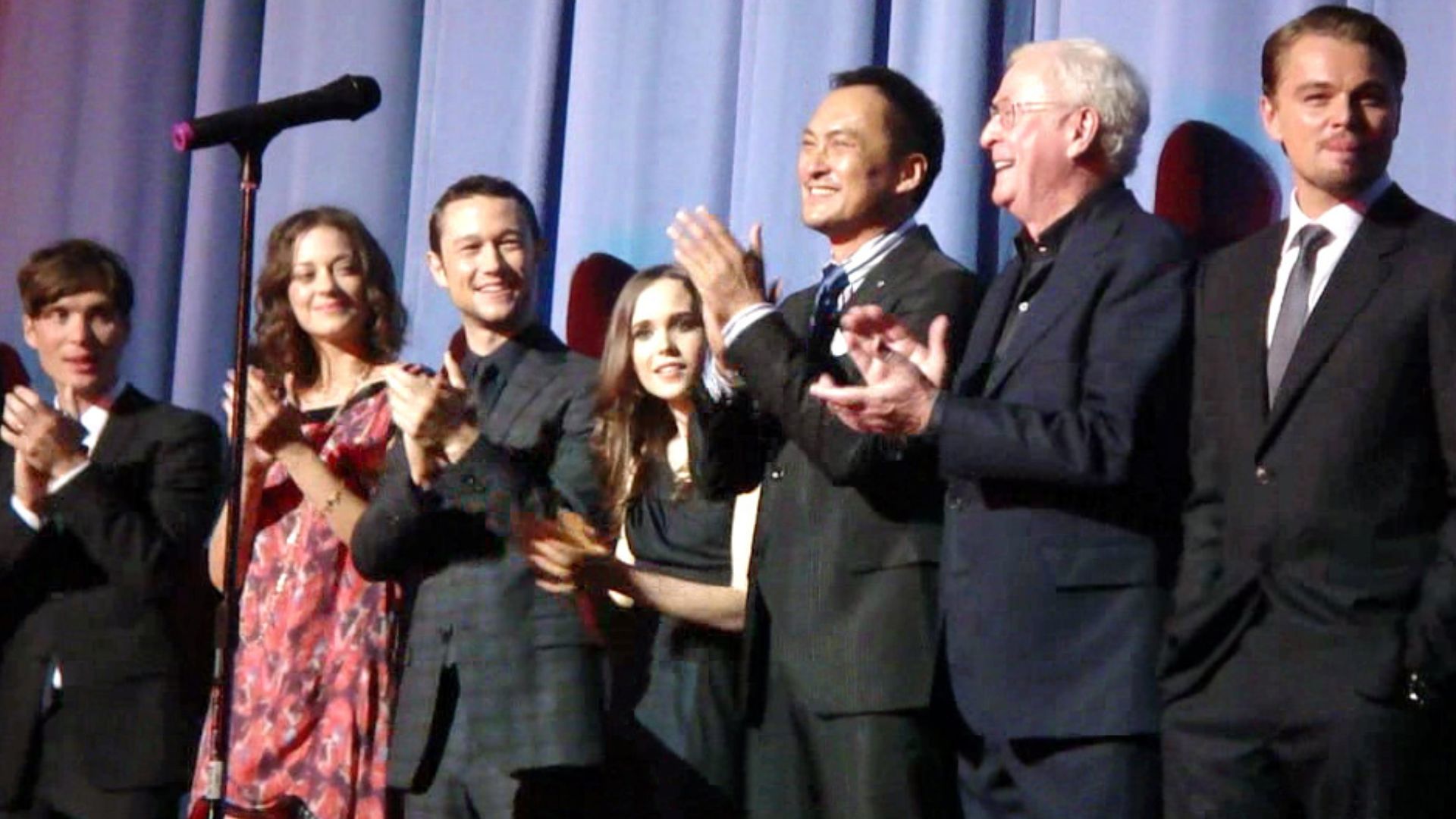 The cast of Inception at a premiere in July 2010. From left to right is Cillian Murphy, Marion Cotillard, Joseph Gordon-Levitt, Elliot Page, Ken Watanabe, Michael Caine, and Leonardo DiCaprio.