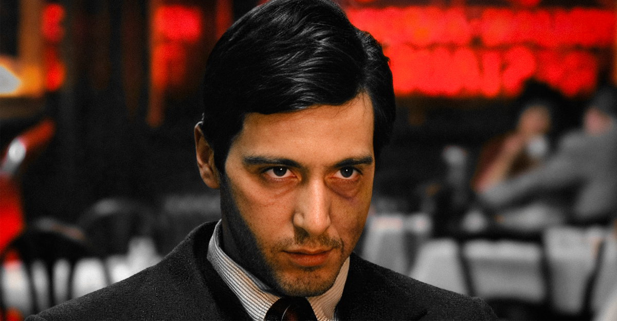 Screenshot of Al Pacino as Michael Corleone in the famous restaurant scene of The Godfather (1972)