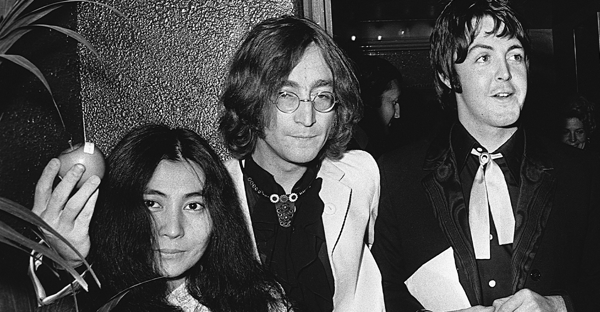 Yoko Ono, John Lennon and Paul McCartney at the premiere of the Beatles movie Yellow Submarine at the London Pavillion, 17th July 1968.