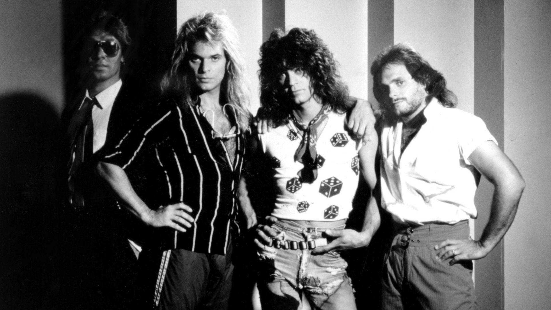 Promotional image of rock band Van Halen taken in 1984. From (l-r); Alex Van Halen, David Lee Roth, Eddie Van Halen, and Michael Anthony