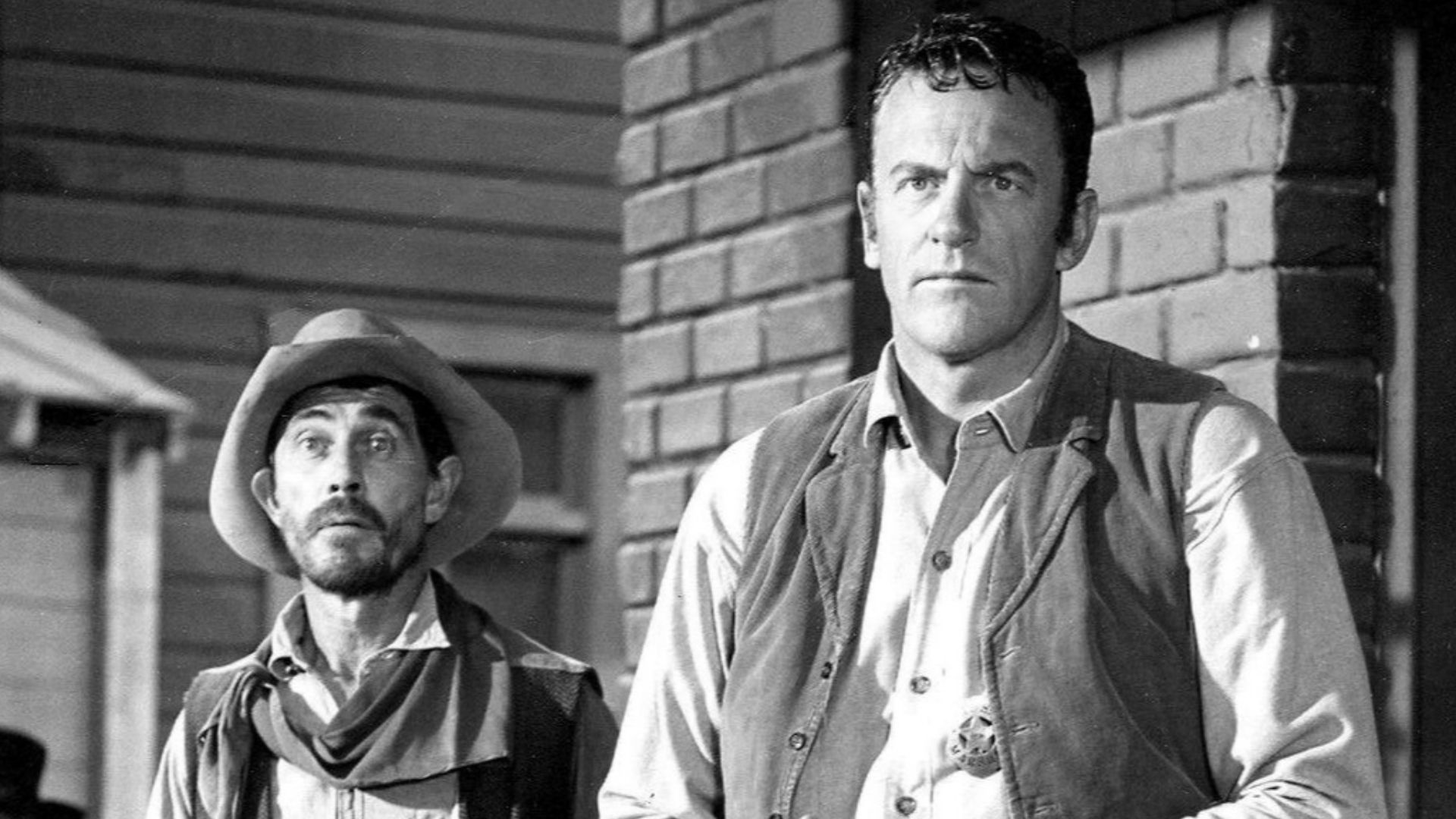Photo of Ken Curtis as Festus Hagen and James Arness as Matt Dillon from Gunsmoke.