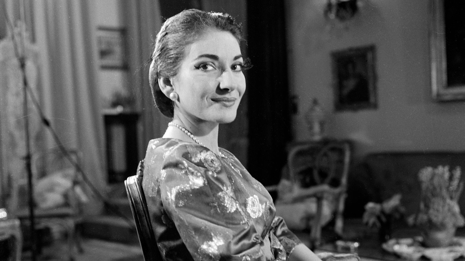 Photo of Maria Callas from the television talk show Small World. The programme aired in 1958 and was hosted by Edward R. Murrow.