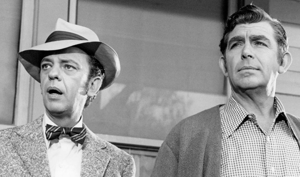 American actors Don Knotts (1924 - 2006, left), as Barney Fife, and Andy Griffith (1926 - 2012), as Sheriff Andy Taylor in the US sitcom 'The Andy Griffith Show', circa 1965. 