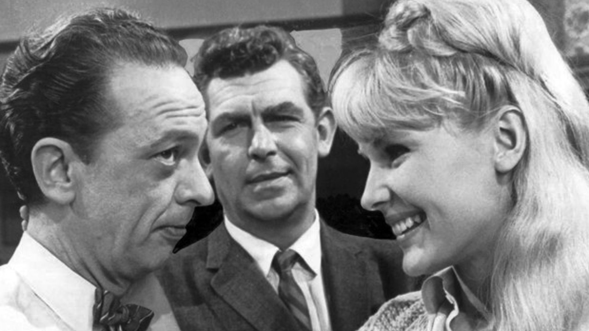 Photo of Andy Griffith, Don Knotts and Margaret Teele from the television program The Andy Griffith Show.  In this episode, Andy goes to Raleigh to visit Barney, who is now living and working there. (Knotts left the regular cast of the show in 1965 but co