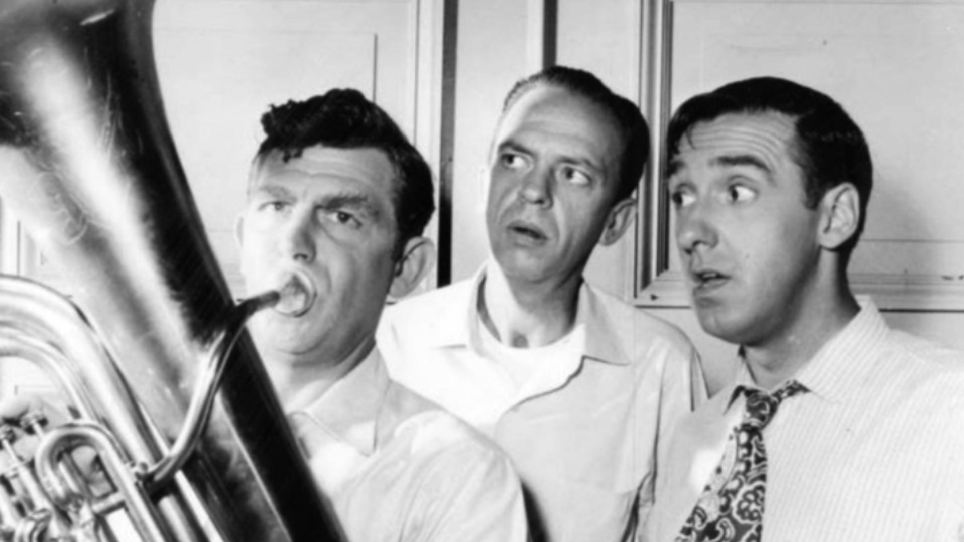 Publicity photo of Andy Griffith, Don Knotts and Jim Nabors from The Andy Griffith Show.  Andy tries to help out the town band, but Barney and Gomer aren't so sure he's helping them. The episode is