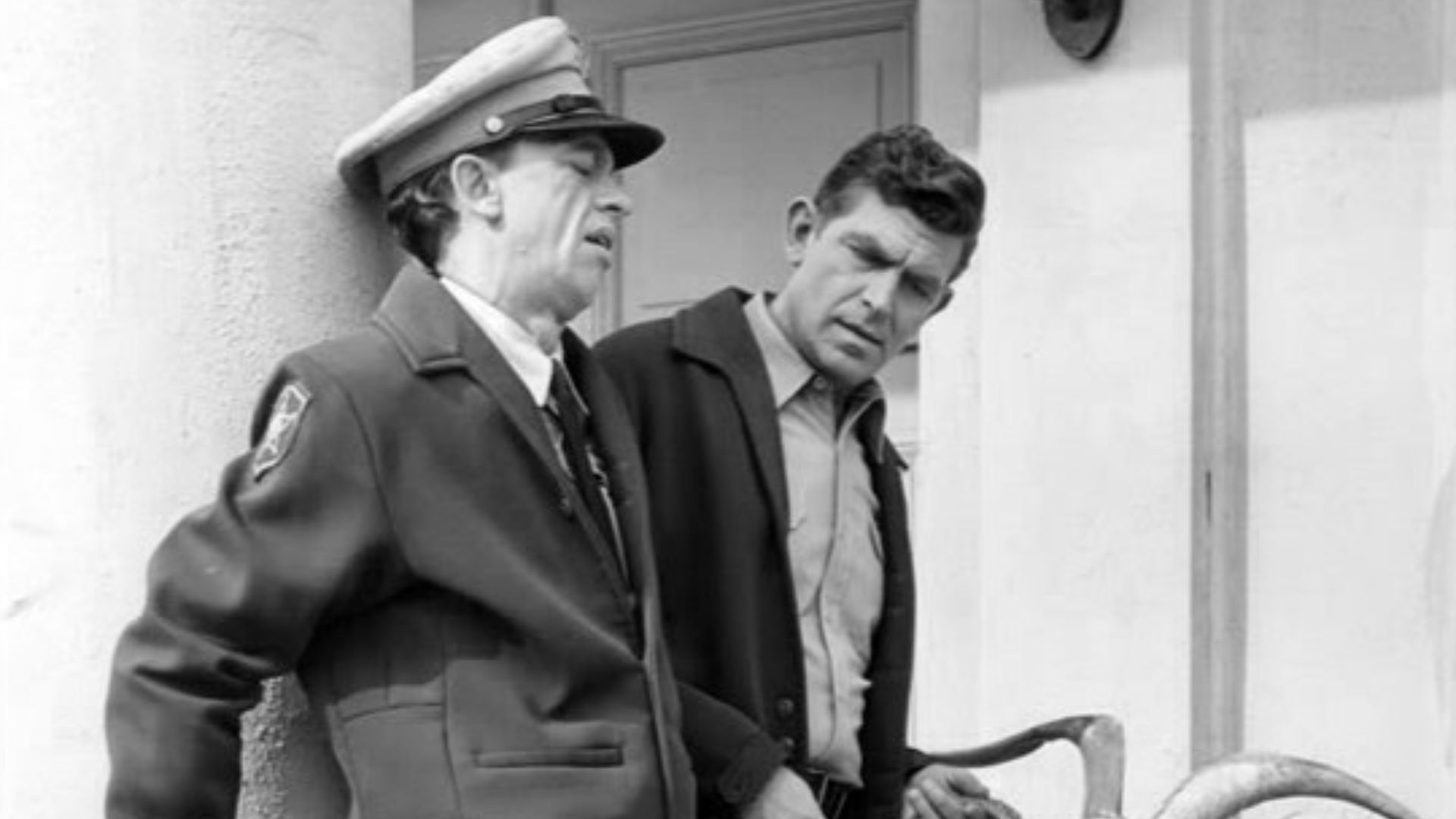 Photo of Andy Griffith and Don Knotts from the television program The Andy Griffith Show.  In this episode, Barney becomes extremely stressed when he and Andy have to deal with a goat that has eaten dynamite.