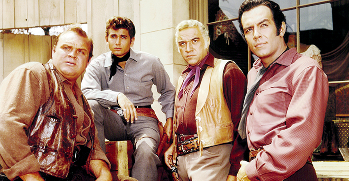 Cast of the TV western series 'Bonanza', circa 1965: Dan Blocker, Michael Landon, Lorne Greene, and Pernell Robert
