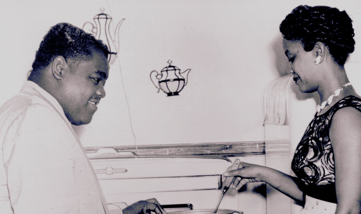 R&B musician Fats Domino at home with Rosemary Domino circa 1958 in New Orleans, Louisiana. 