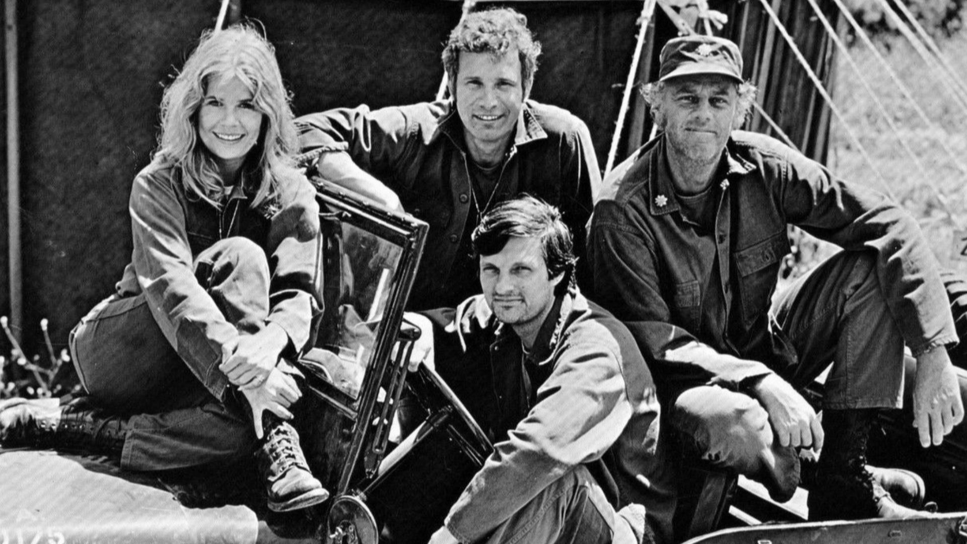 Photo of the main cast for the premiere of the television program M*A*S*H.  From left-Loretta Swit (Margaret