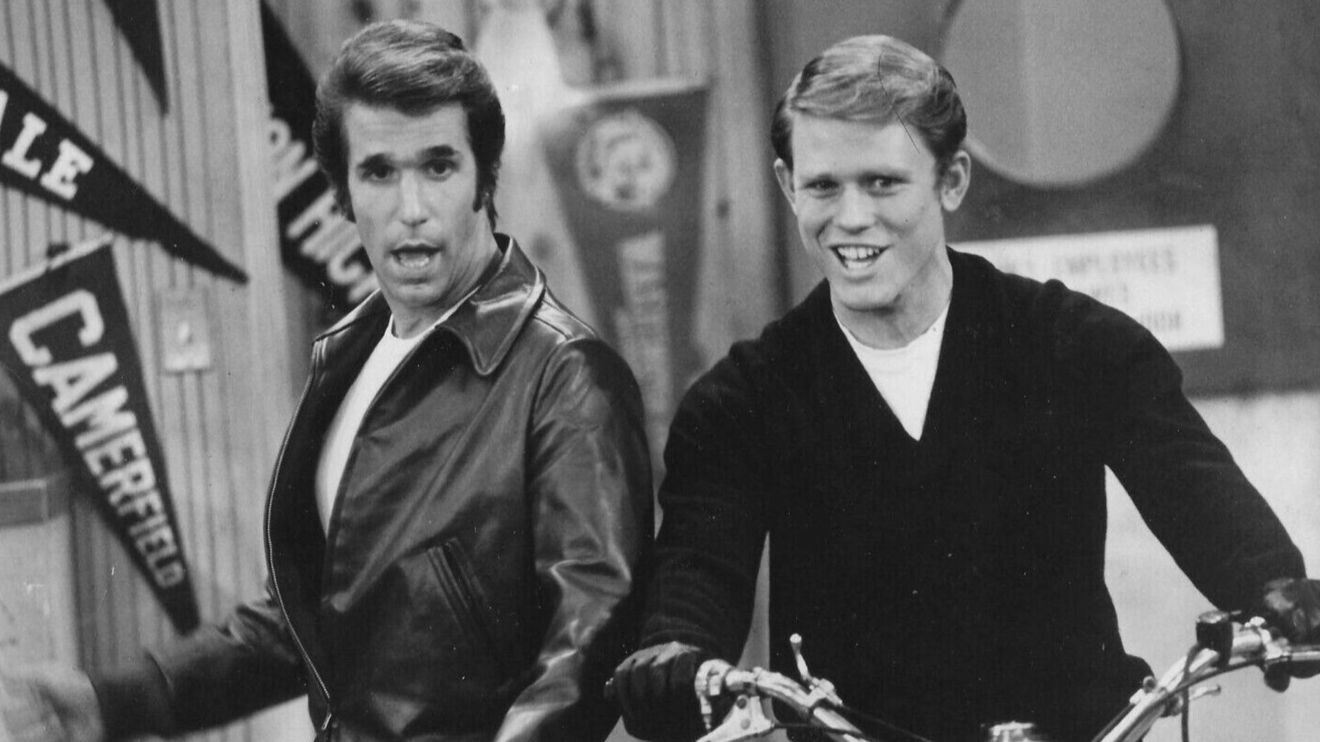 Publicity photo of Fonzie (Henry Winkler) and Richie (Ron Howard) from Happy Days.