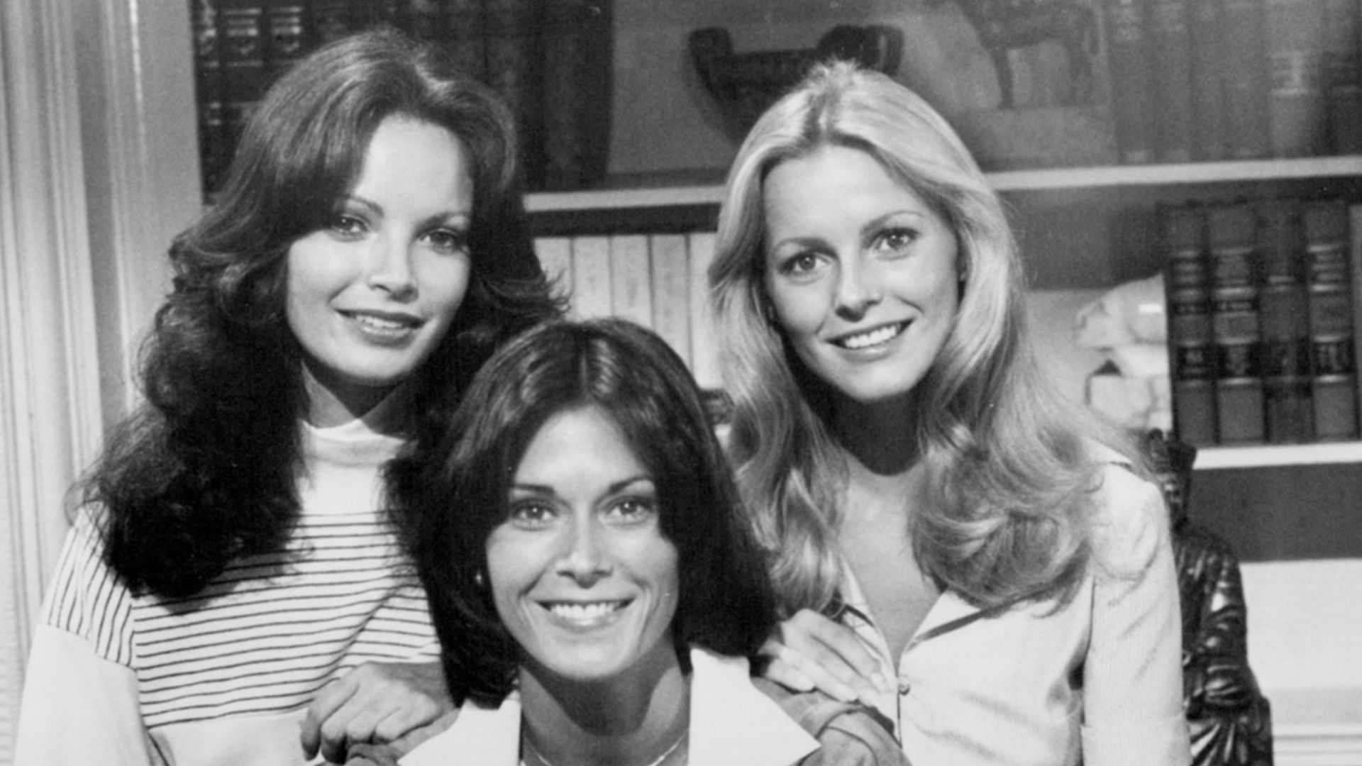 Photo of the cast of the television program Charlie's Angels.  Left: Jaclyn Smith.  Right: Cheryl Ladd.  Center: Kate Jackson.