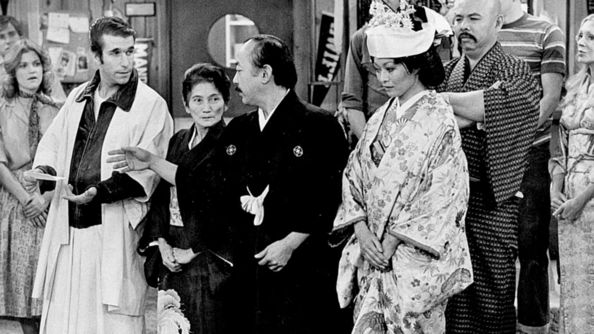 Photo of Arnold's wedding from Happy Days.  Arnold (the original owner of Arnold's drive-in) asks Fonzie to be his best man at his traditional Japanese wedding ceremony.
