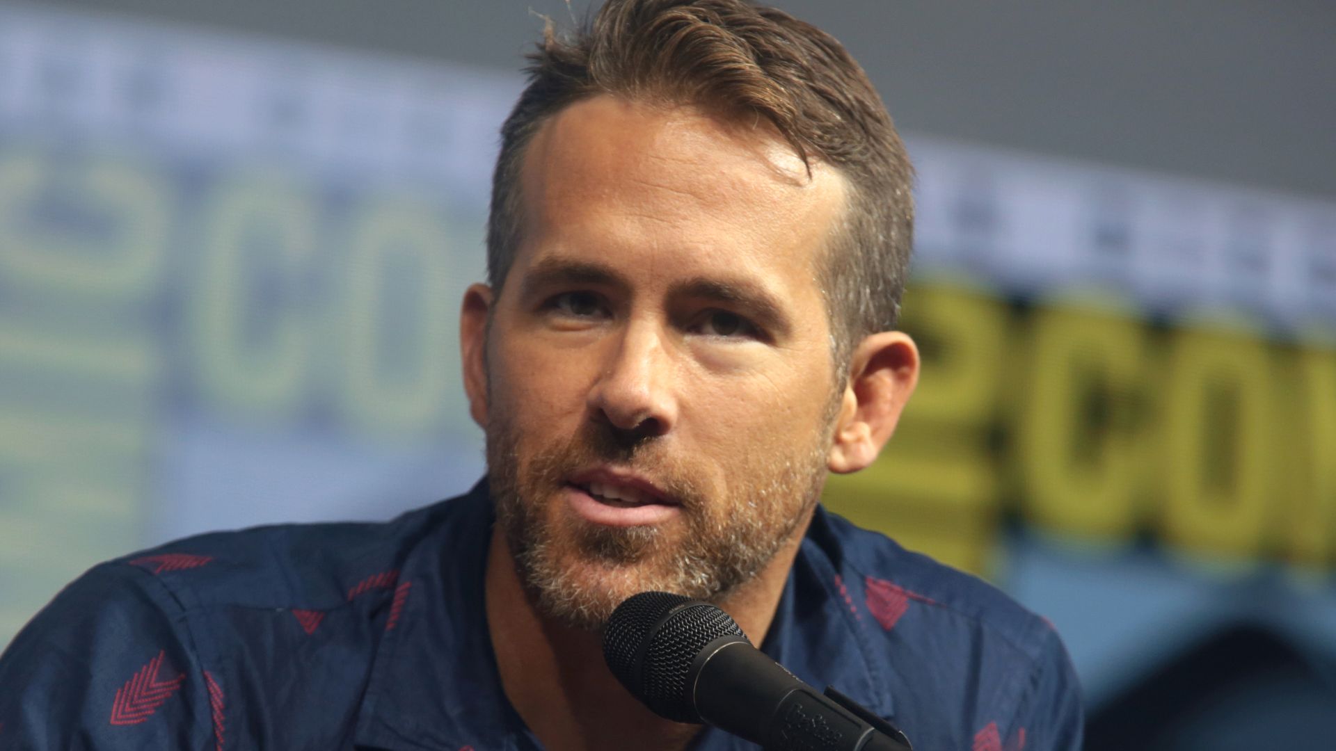 Ryan Reynolds speaking at the 2018 San Diego Comic Con International, for