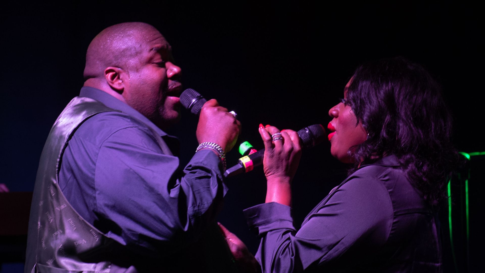 Musical group The War and Treaty performs a duet at the La Bella Vista club on Aviano Air Base, Italy, Oct. 23, 2024. Their concert was sponsored by United Service Organizations (USO) and provided to service members for free. (U.S. Air Force photo by Staf
