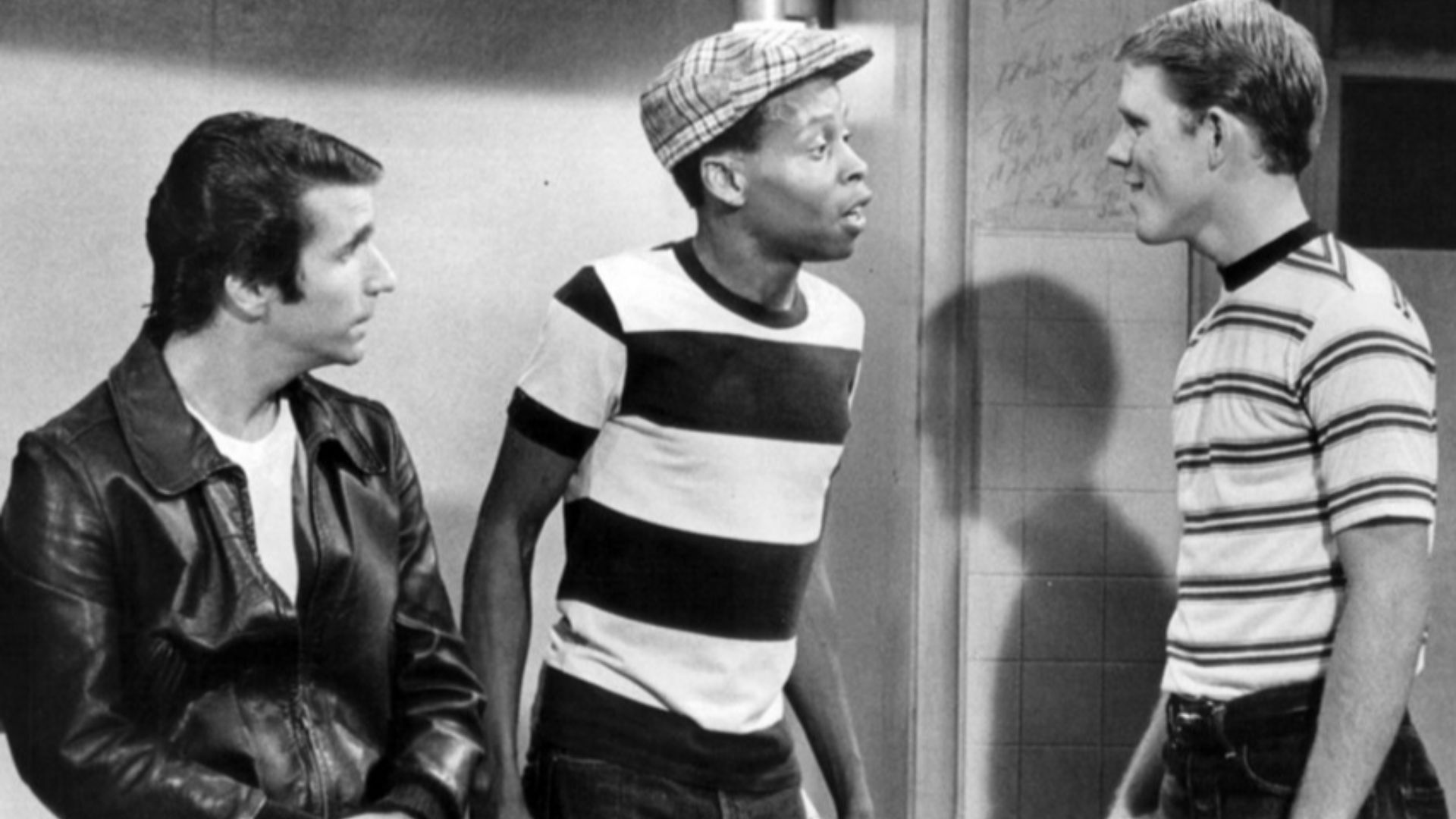 Publicity photo from Happy Days. Pictured are Fonzie (Henry Winkler), John Anthony Bailey, and Richie (Ron Howard), in
