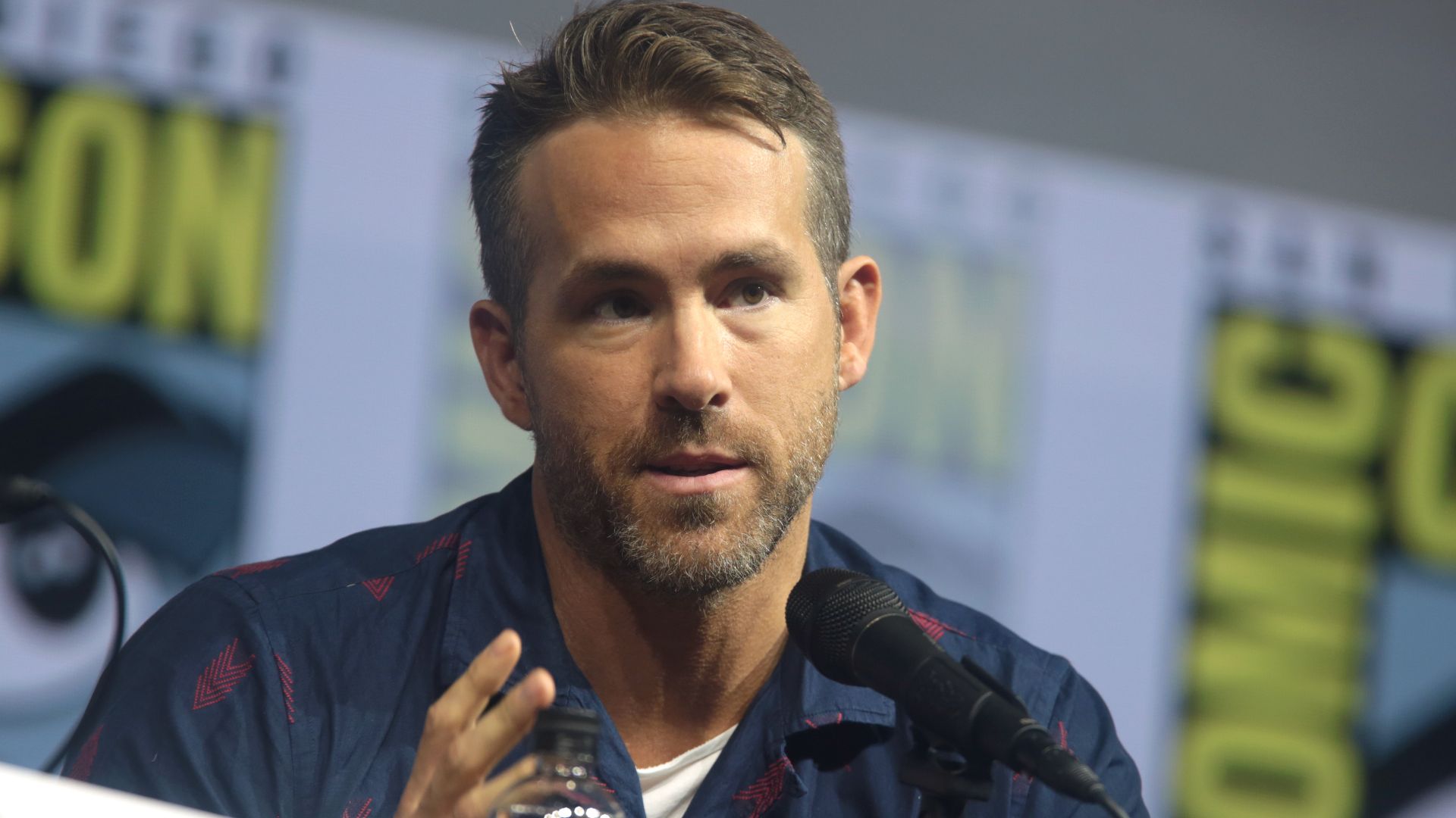 Ryan Reynolds speaking at the 2018 San Diego Comic Con International, for