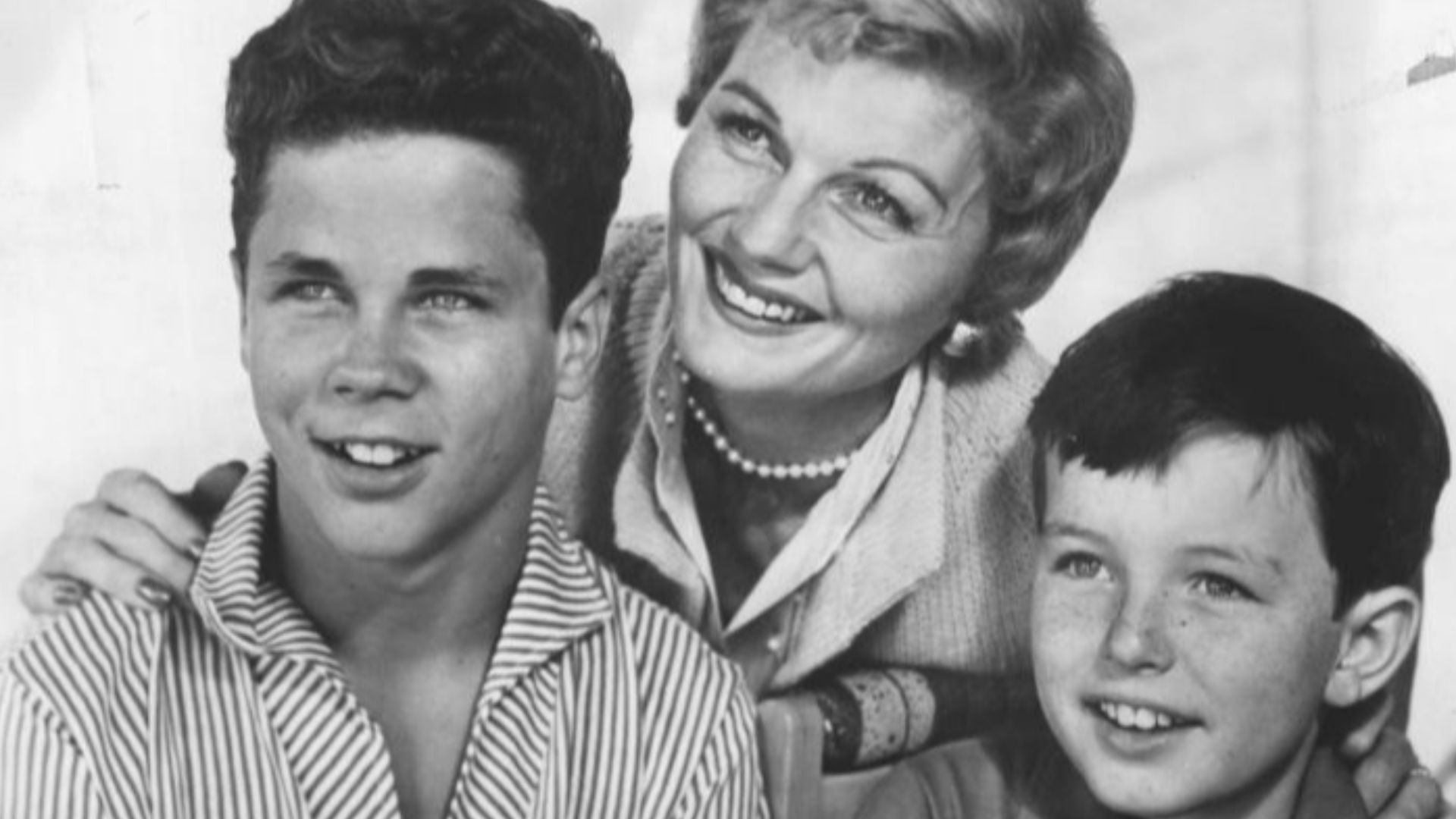 Publicity photo of American actors Tony Dow, Barbara Billingsley and Jerry Mathers promoting their roles on the ABC television series Leave It to Beaver.