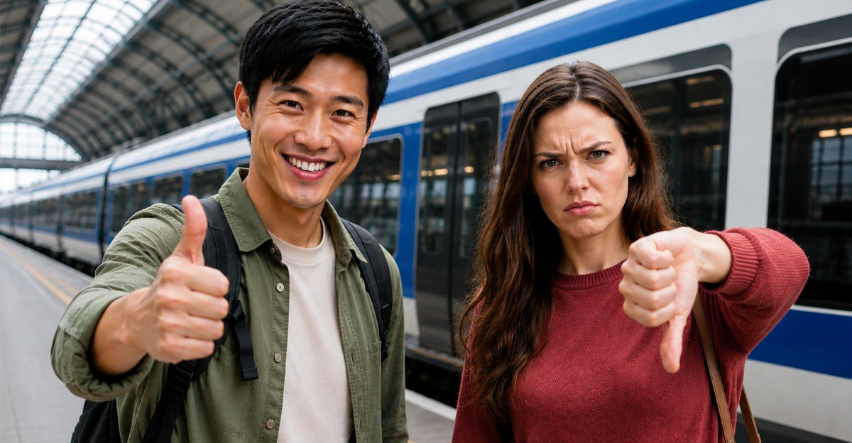 AI-generated image of man with thumbs up and woman with thumbs down, in front of train