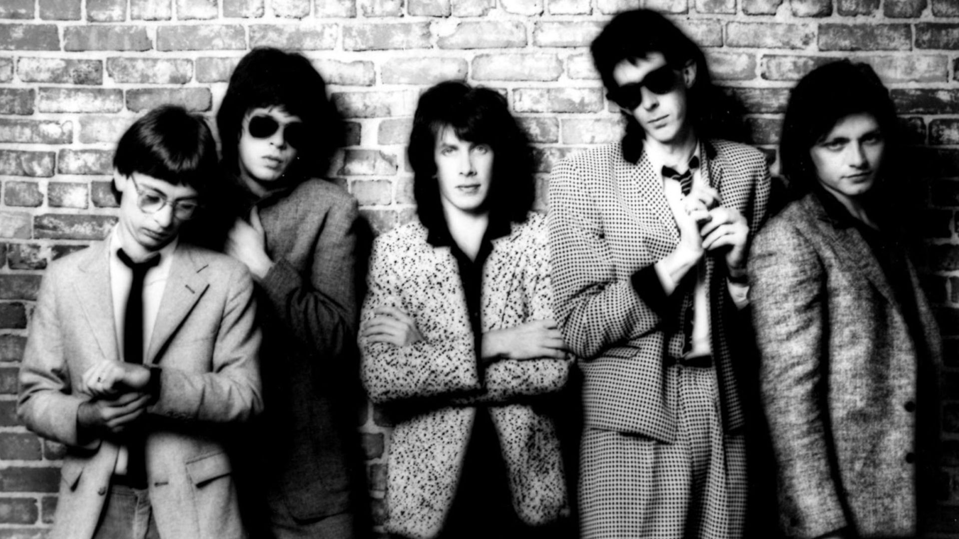 Musical group The Cars, in a 1980 publicity photo for their album Panorama. Pictured from left to right; Greg Hawkes, Elliot Easton, David Robinson, Ric Ocasek, and Benjamin Orr.