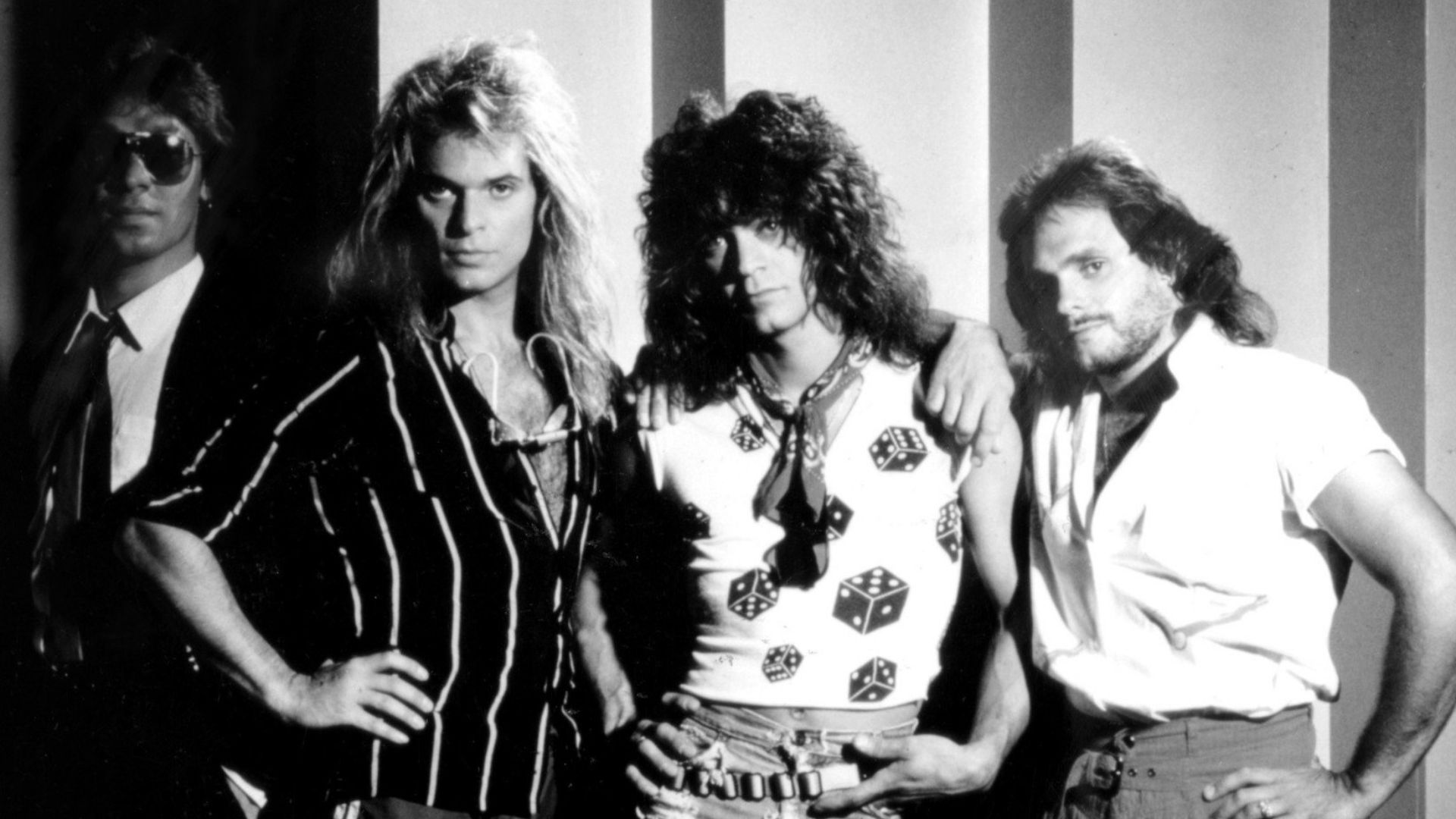 Promotional image of rock band Van Halen taken in 1984. From (l-r); Alex Van Halen, David Lee Roth, Eddie Van Halen, and Michael Anthony