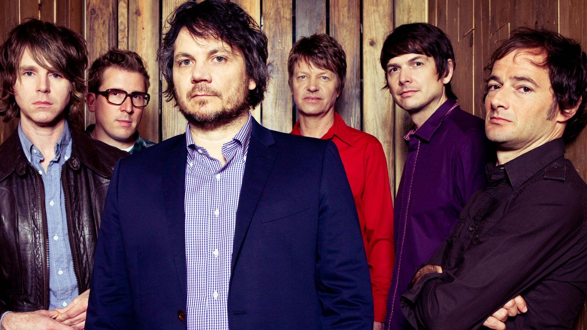 Wilco at Massachusetts Museum of Contemporary Art, Solid Sound Fest, 2011. Pictured from left to right - Patrick Sansone, Mikael Jorgensen, Jeff Tweedy , Nels Cline, Glenn Kotche, John Stirratt.