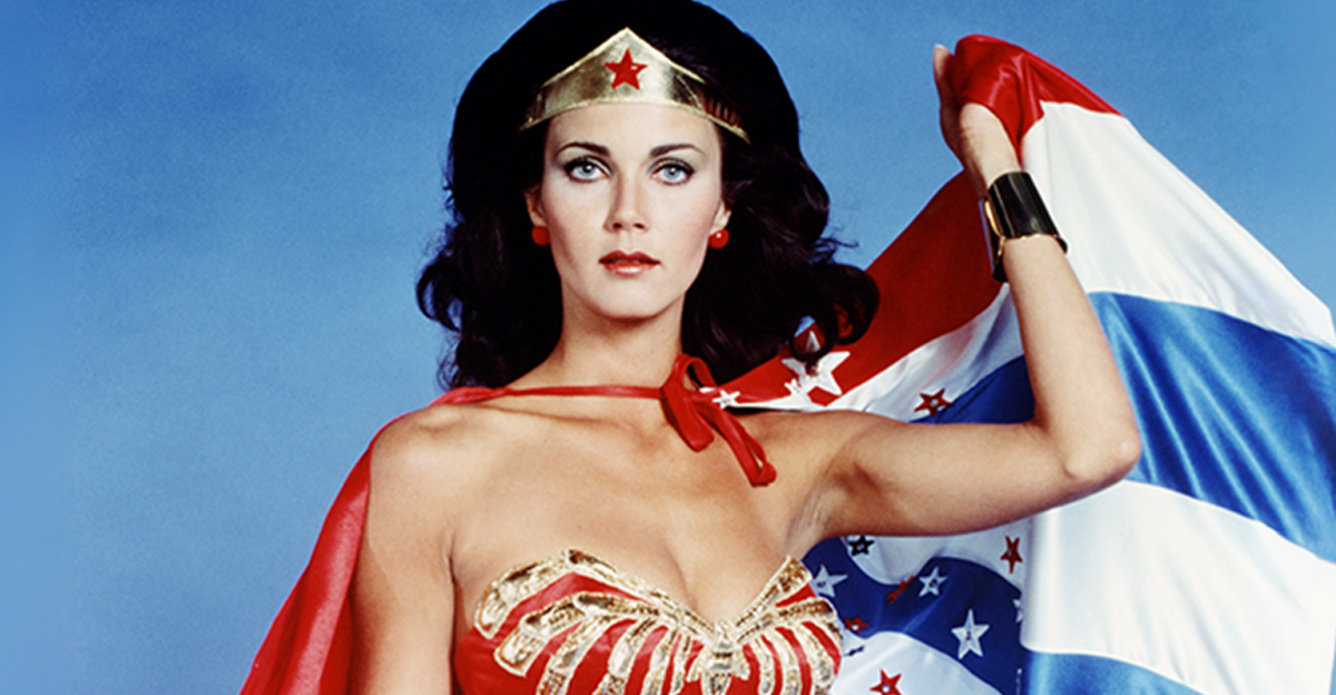 Actress Lynda Carter in costume in a studio portrait issued as publicity for the series 'Wonder Woman', circa 1977