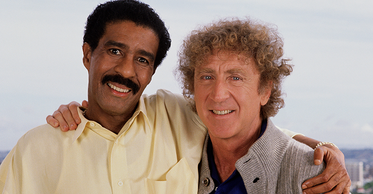 Actor comedians Richard Pryor (left) and Gene Wilder pose together during a 1989 photo portrait session in Hollywood, California