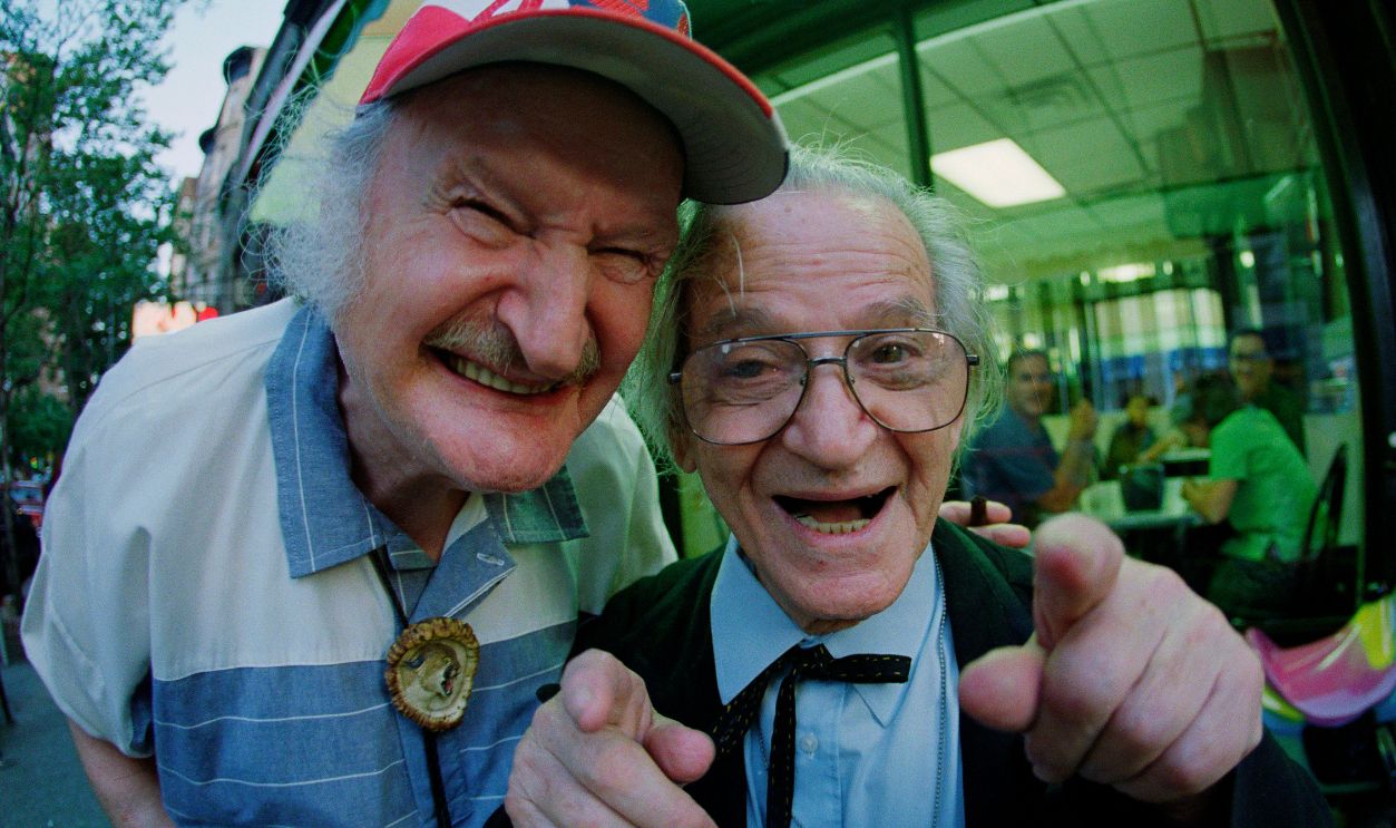 Comic actors, Prof. Irwin Corey and Al Lewis ("The Munsters") are photographed together outside Stand Up NYC comedy club in NYC on June 28, 1998.