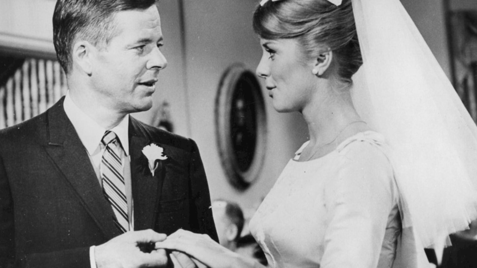 Photo of Inger Stevens and William Windom from The Farmer's Daughter.  The marriage of Katie and Glen.