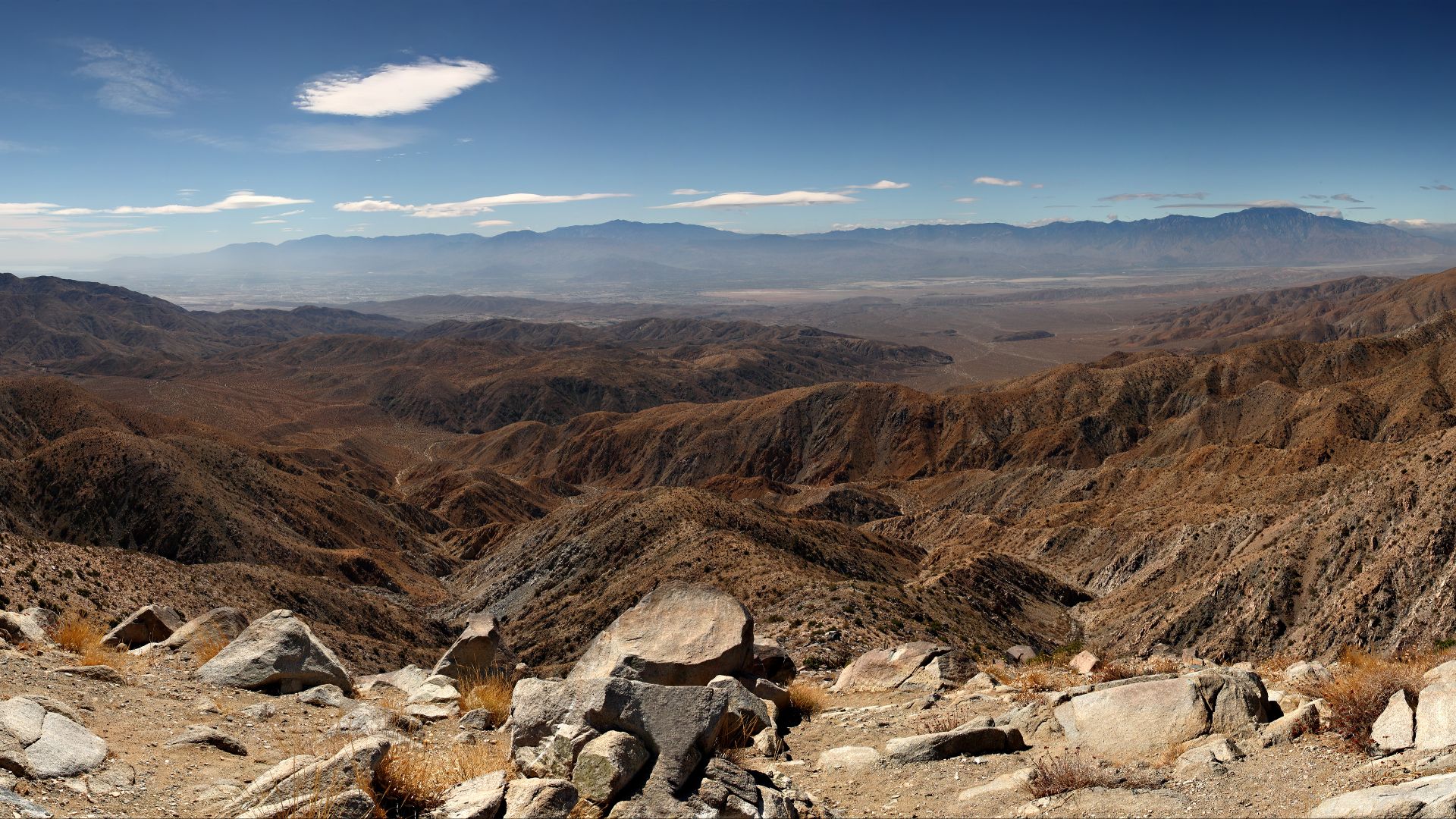 Panorama of the view south from Keys View in the Little San Bernadino Mountains, Joshua Tree National Park, California.
Visible landmarks are the Salton Sea (230ft below sea level) at rear left, along towards the center the Santa Rosa Mountains behind Ind