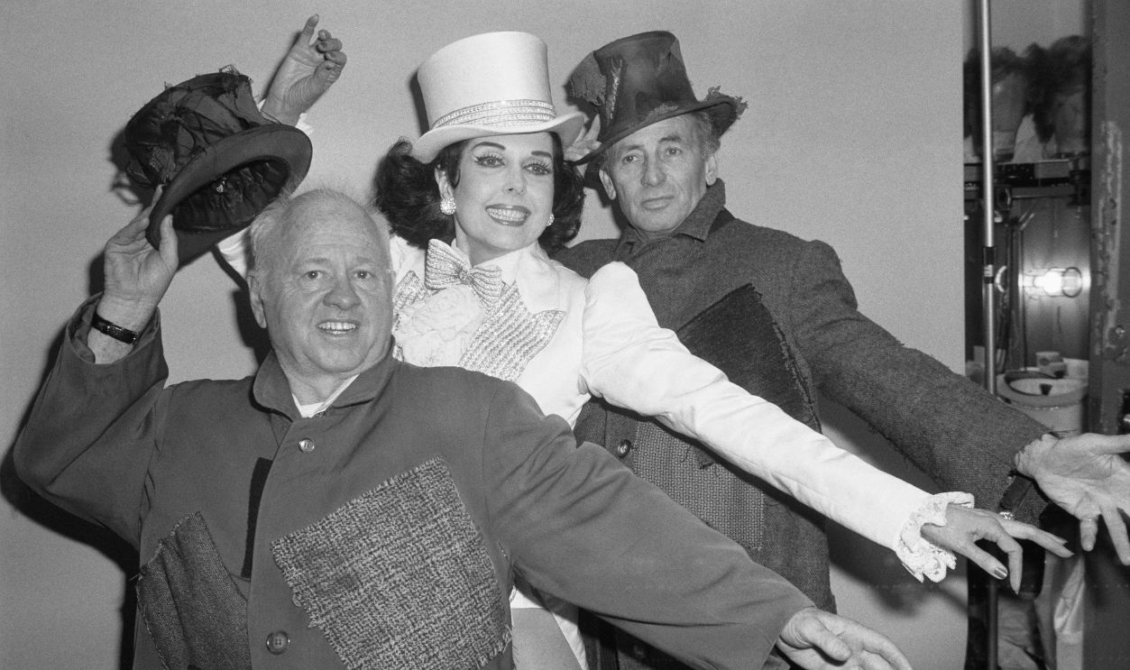Joey Bishop (right) gets into the swing of Sugar Babies with Mickey Rooney and Ann Miller, January 21, at the Mark Hellinger Theater. Joey will replace Mickey for four weeks next month so Mickey can finish a TV movie.
