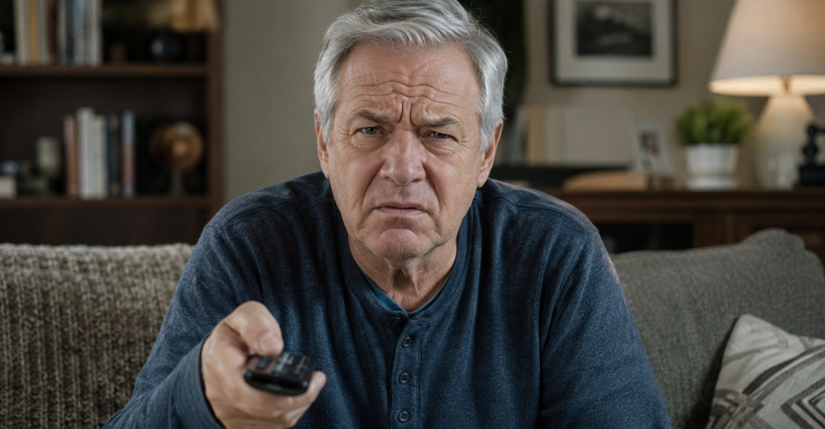 Older man with remote control looking angry at camera