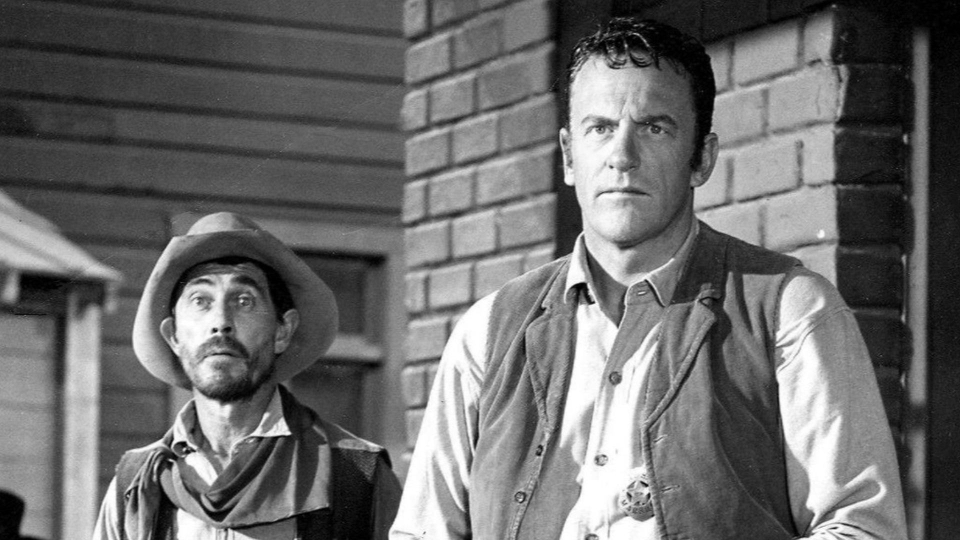 Photo of Ken Curtis as Festus Hagen and James Arness as Matt Dillon from Gunsmoke.