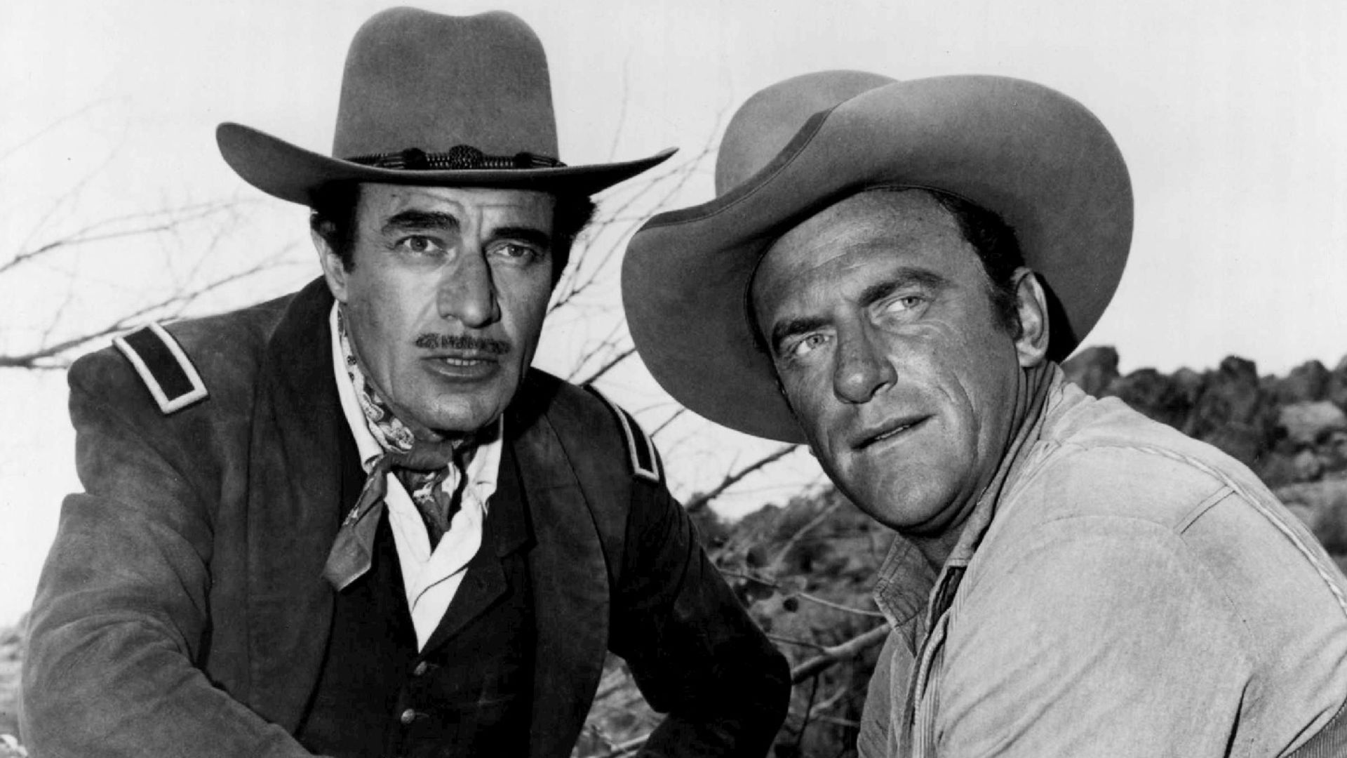 Photo of guest star Gilbert Roland and James Arness as Matt Dillon from a two part episode of Gunsmoke-