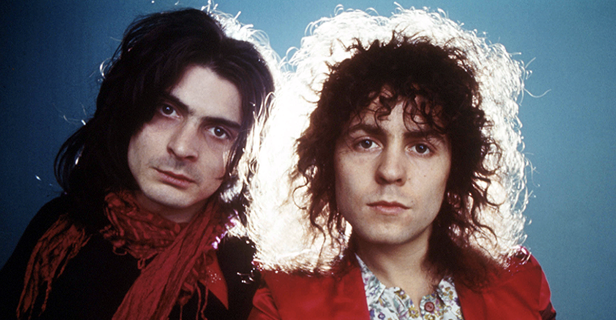 Percussionist Mickey Finn (1947 - 2003) and singer Marc Bolan (1947 - 1977) of T-Rex pose in 1972
