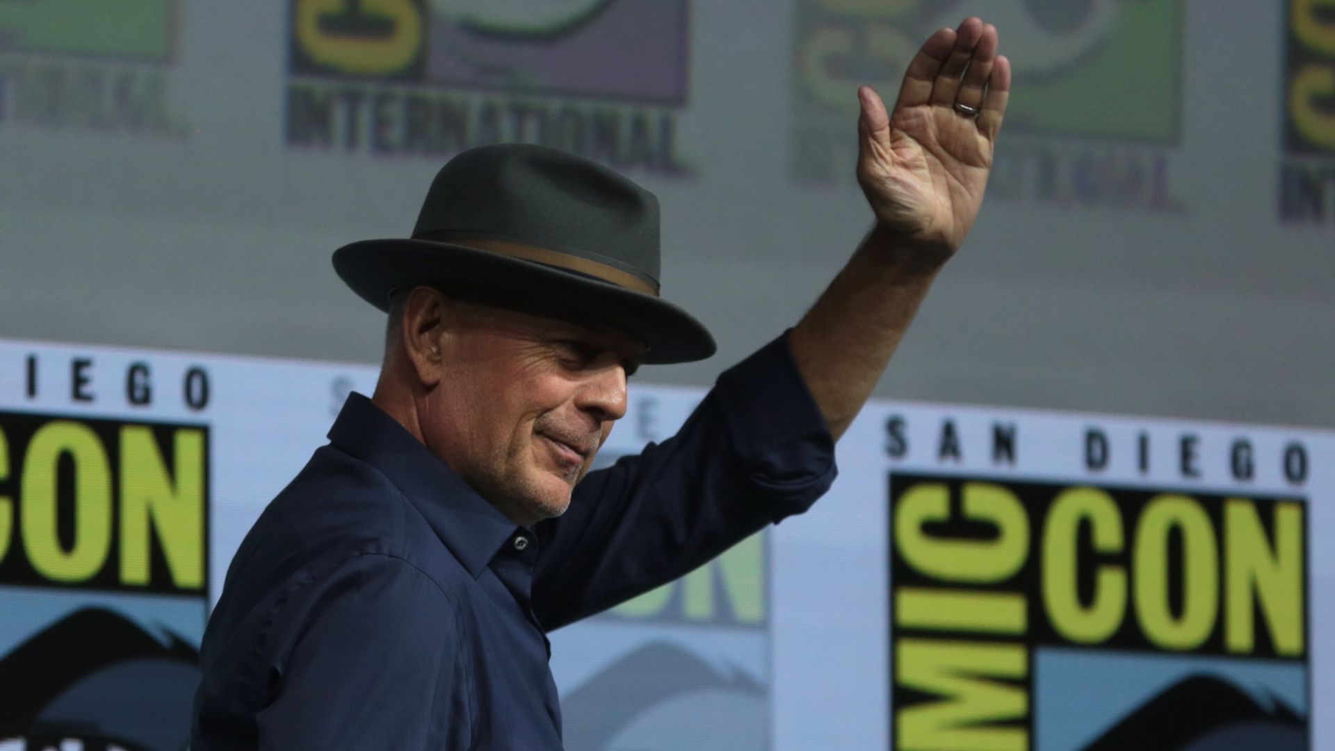 Bruce Willis speaking at the 2018 San Diego Comic Con International, for