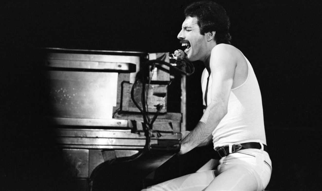 British Rock group Queen performing at the NEC in Birmingham, Picture is lead singer Freddie Mercury, 5th December 1980.