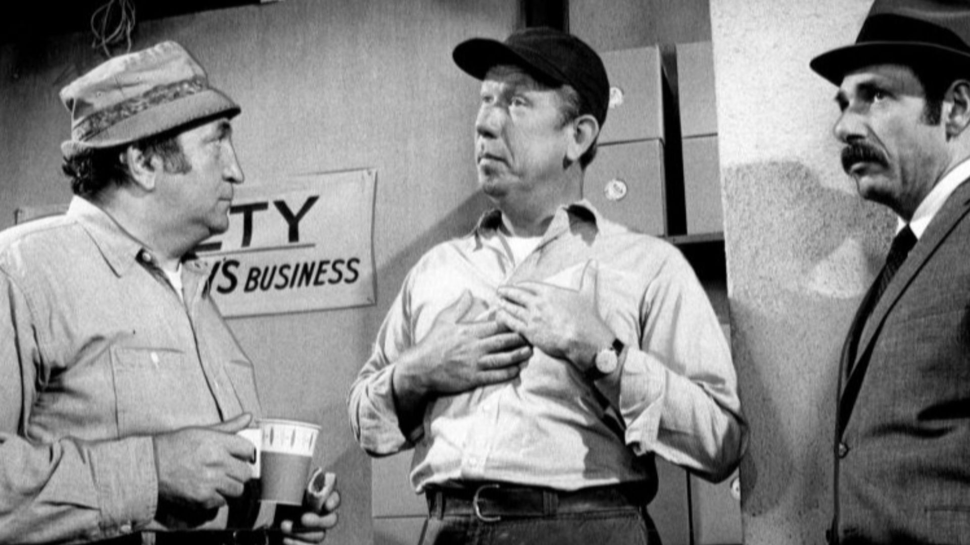 Factory scene from the television program Arnie.  From left: Tom Pedi, Allan Melvin and Herschel Bernardi as Arnie Nuvo, a former factory worker who received an executive position at the plant.