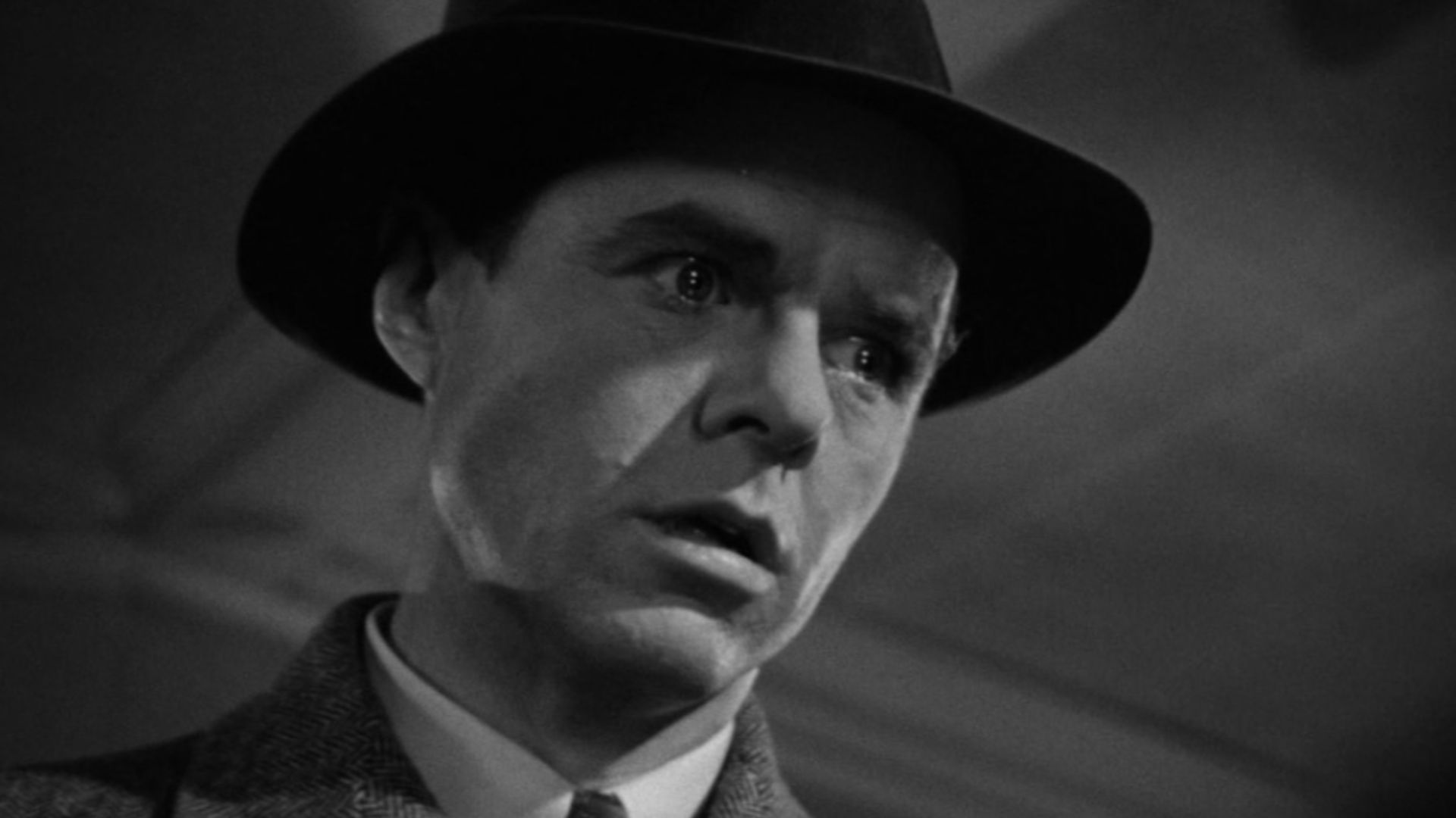 Frame from the 1941 public domain trailer for the Warner Bros. film The Maltese Falcon showing Elisha Cook, Jr. as Wilmer the gunsel.