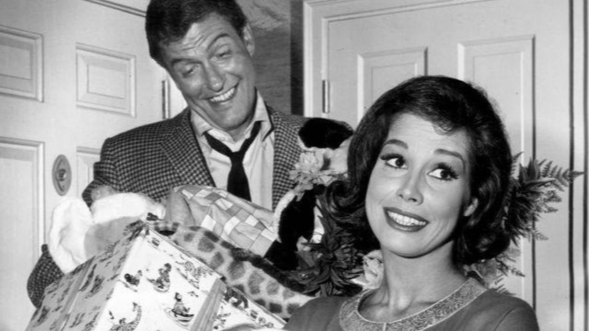 Photo of Dick VanDyke as Rob Petrie and Mary Tyler Moore as Laura Petrie from the television program The Dick VanDyke Show.  In this