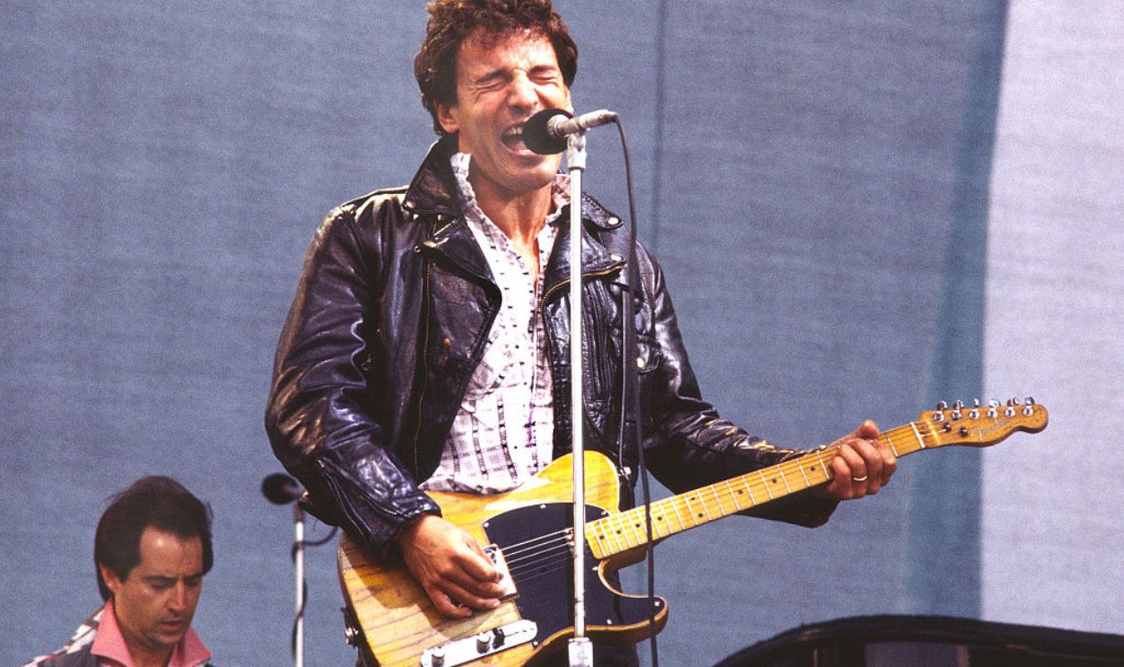 Bruce Springsteen performs on stage in Newcastle, United Kingdom, 1985.